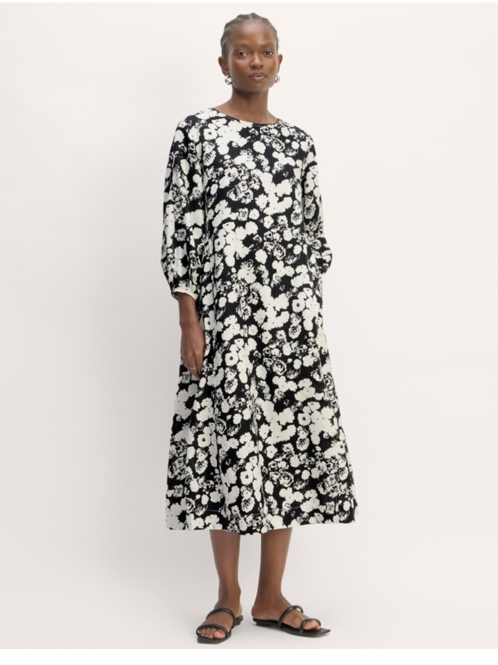 Everlane Black and Cream Floral A-line Puff-Sleeve Midi Cotton Lined Dress